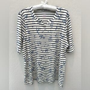 L.L.BEAN | Plus Size Supima Cotton Top Blue Floral Stripe Short Sleeve Tee | 1X